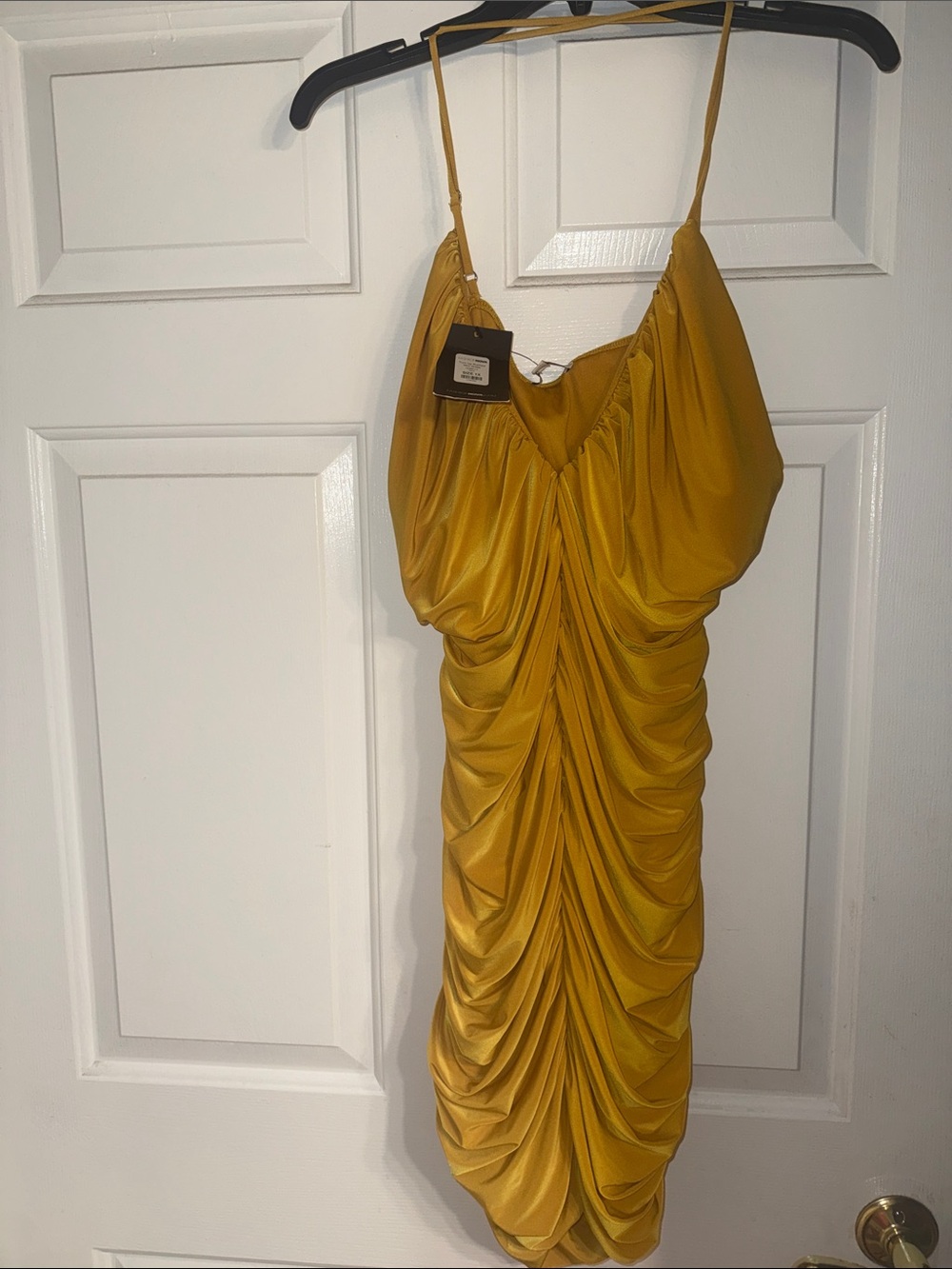 Fashion Nova Mustard Yellow Ruched Satin Mini Dress